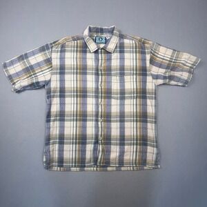 Bon Homme Button Down Shirt Mens M Blue Tan Plaid Cotton Short Sleeve Casual 90s